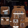 A tan backpack featuring reflective safety items and a capybara design for night escort protection.