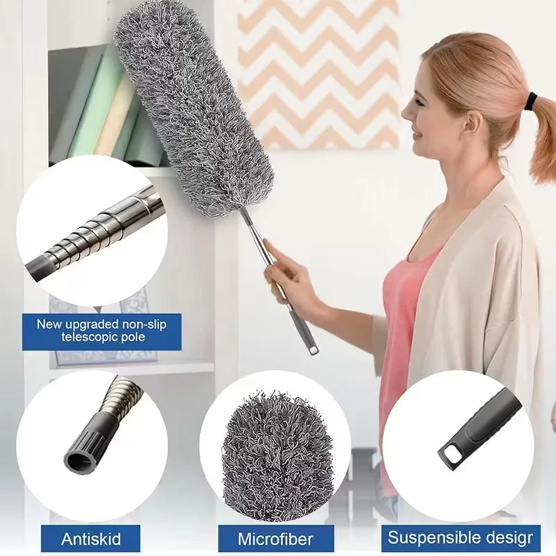 A woman is using an extendable microfiber duster with a telescopic pole for cleaning.