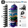 A black multi-layer hat rack displaying 20 hats in various colors and styles, with adhesive stickers and screws.