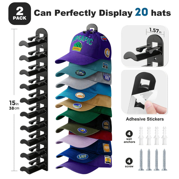 A black multi-layer hat rack displaying 20 hats in various colors and styles, with adhesive stickers and screws.