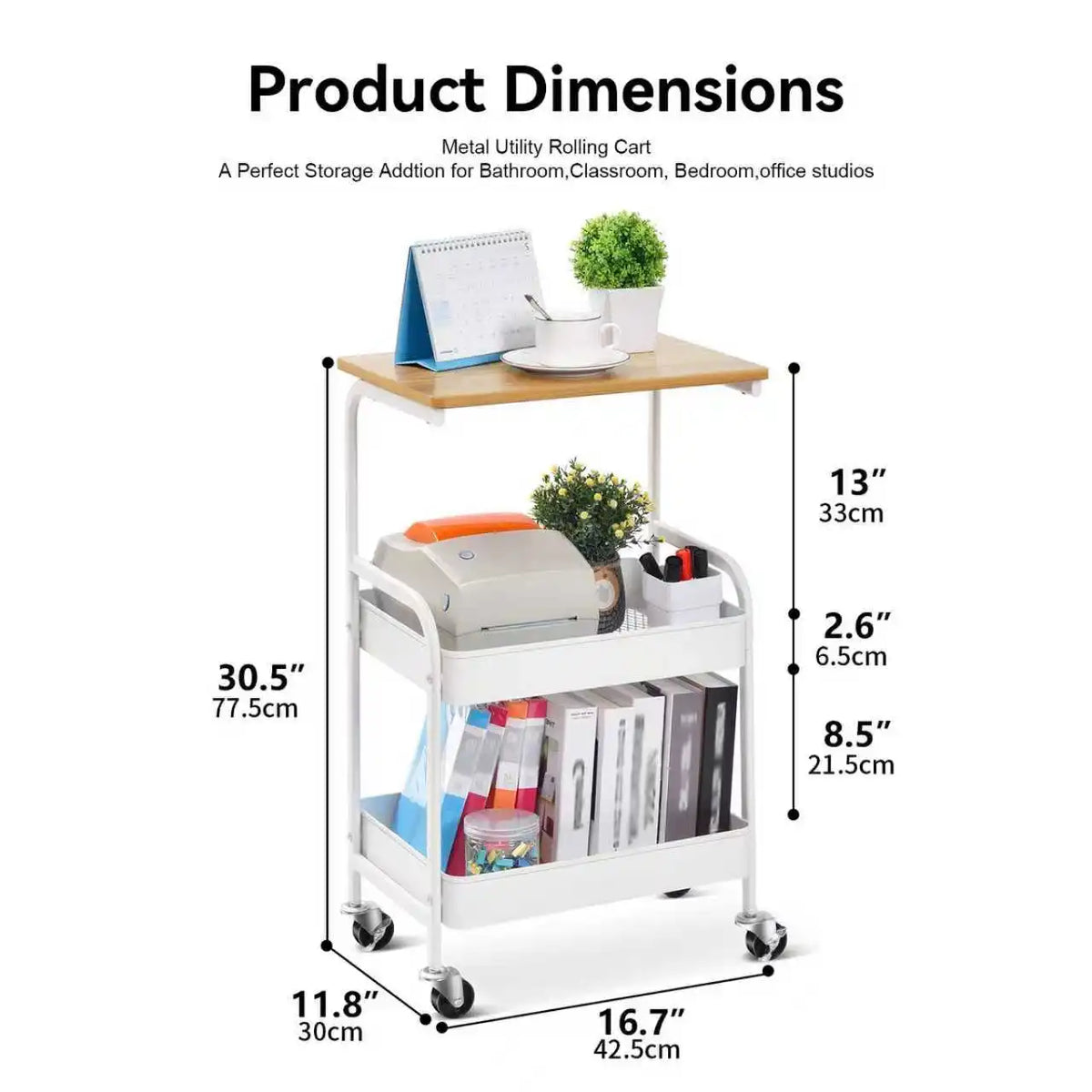 A white 3-tier rolling storage cart with a wooden top and lockable wheels.