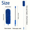 A blue electric duster with a fuzzy head and telescopic rods shown next to a ruler for size reference.