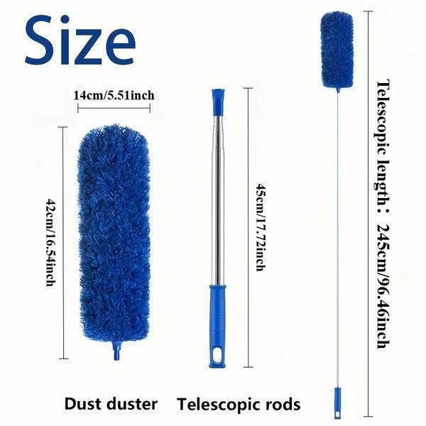 A blue electric duster with a fuzzy head and telescopic rods shown next to a ruler for size reference.