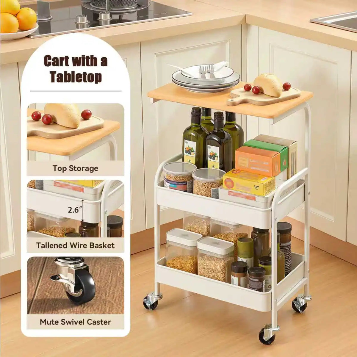 A white 3-tier rolling storage cart with a wooden top and various containers on the shelves.