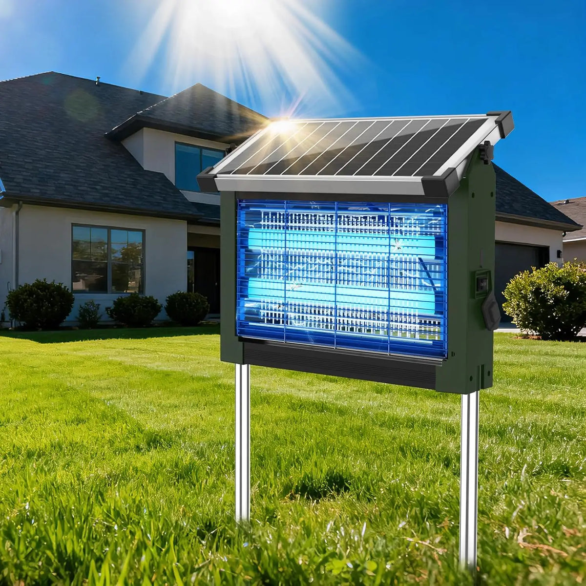 Eine solarbetriebene Insektenzapper-Einheit mit dunkelgrer Gehäuse und transparentem Panel ist auf einer sonnigen Rasenfläche
