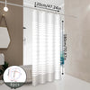 White striped shower curtain measuring 120cm wide and 180cm long shown hanging in a bathroom.