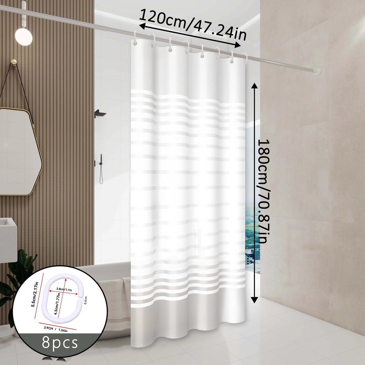 White striped shower curtain measuring 120cm wide and 180cm long shown hanging in a bathroom.