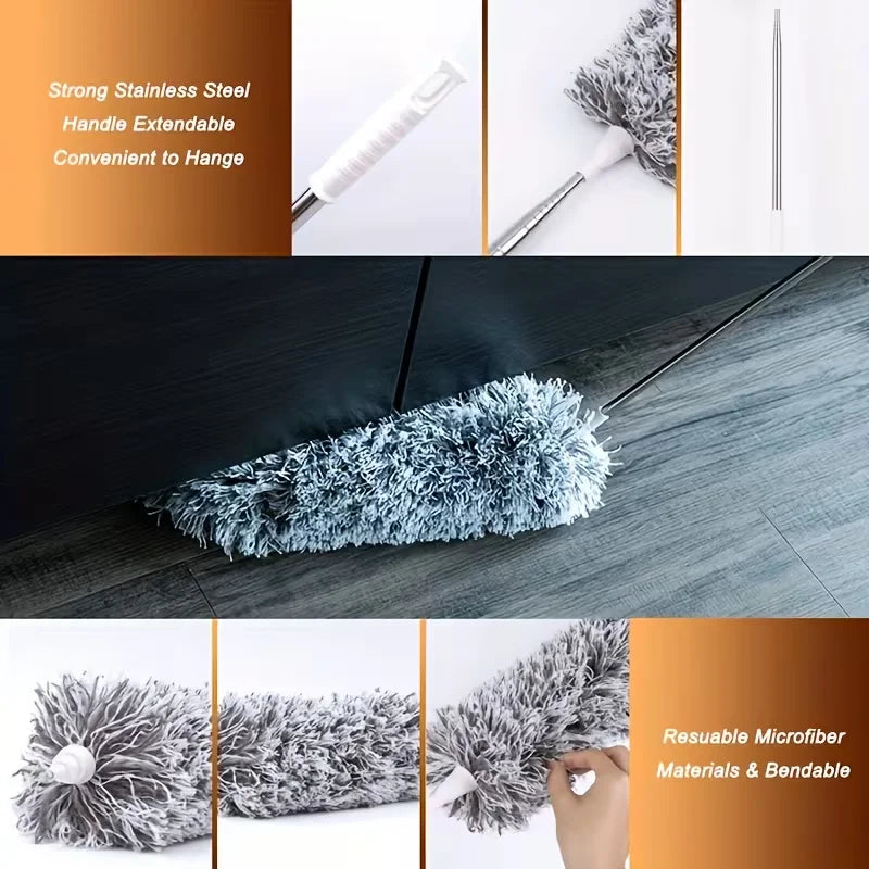 A telescopic duster with a fluffy microfiber head is shown in various views, demonstrating its extendable handle and cleaning