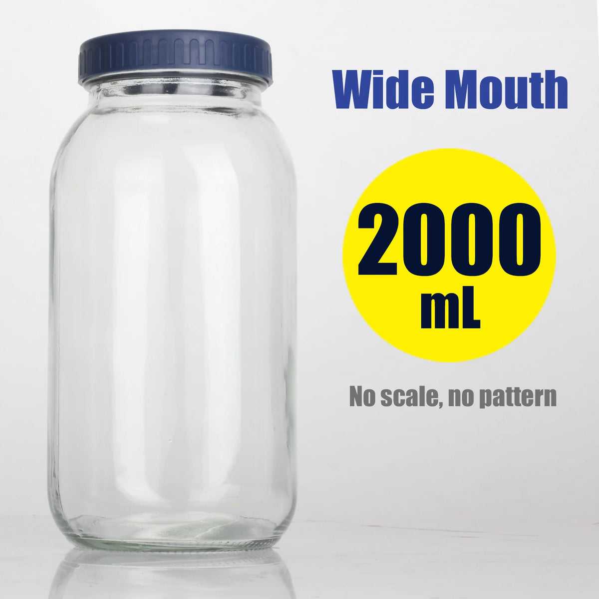 A clear glass mason jar with a blue lid, labeled as a 2000 mL wide mouth storage jar.