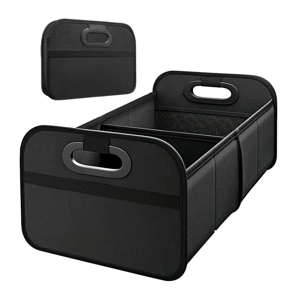 Black collapsible trunk organizer for SUVs and camping with a removable lid