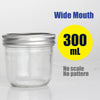 A clear glass mason jar with a silver lid is shown next to text indicating wide mouth and 300 mL capacity.