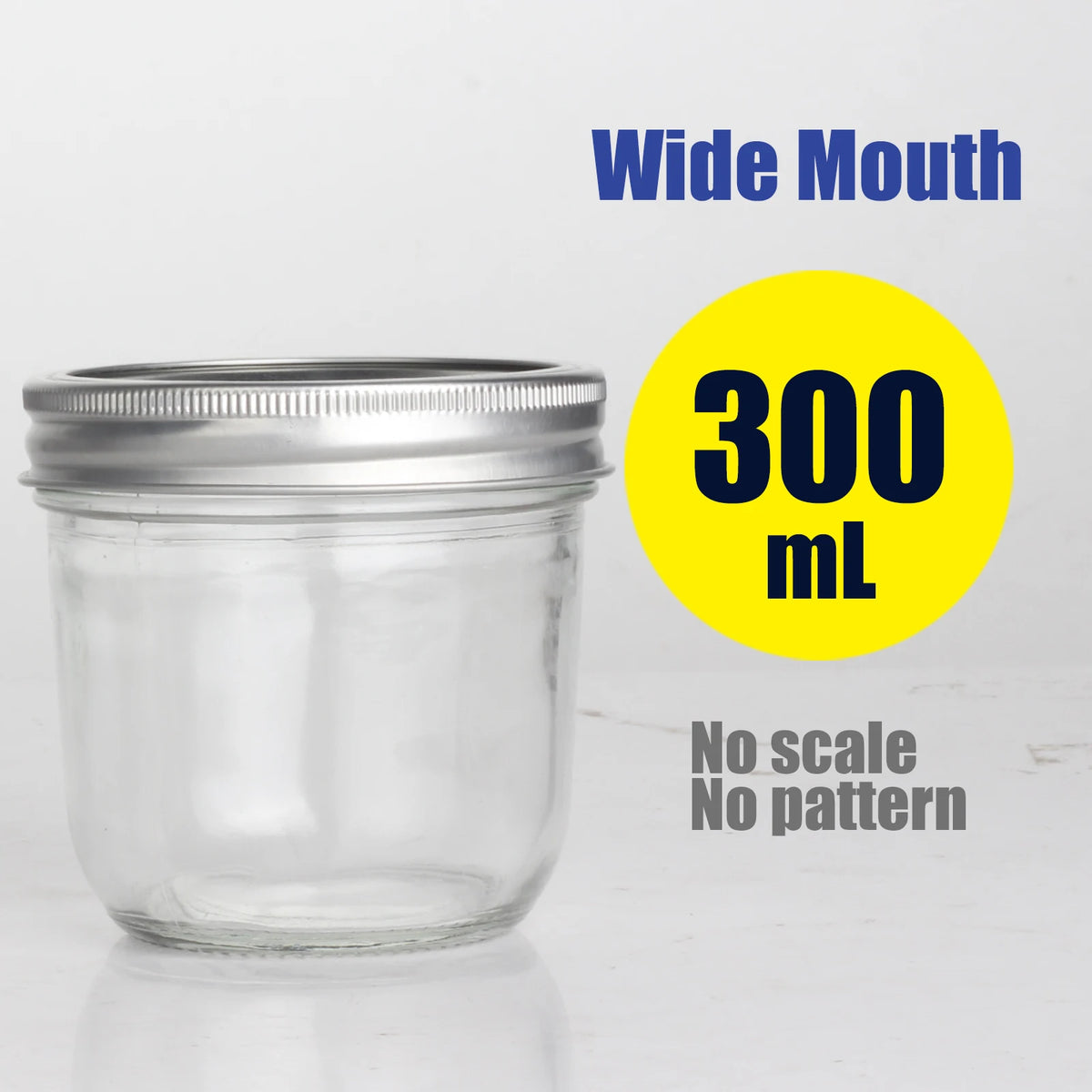 A clear glass mason jar with a silver lid is shown next to text indicating wide mouth and 300 mL capacity.