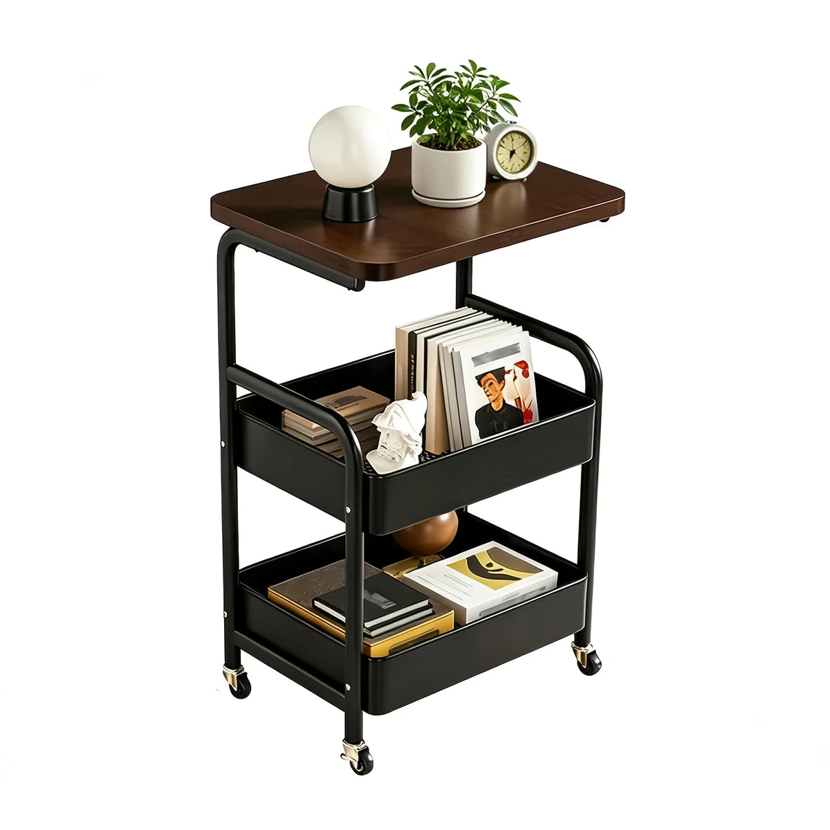 A black 3-tier rolling storage cart with a wooden top holding a potted plant and a clock.