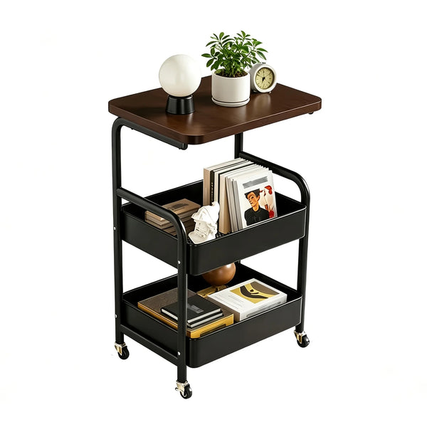A black 3-tier rolling storage cart with a wooden top holding a potted plant and a clock.