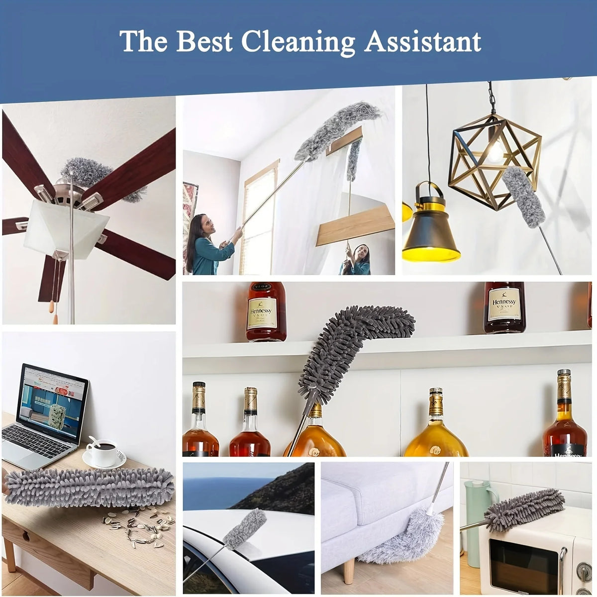 A collection of cleaning tools including a telescopic duster pole, various brushes, and cleaning accessories.