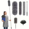 A collection of gray extendable microfiber dusters with telescopic poles and a handheld duster.