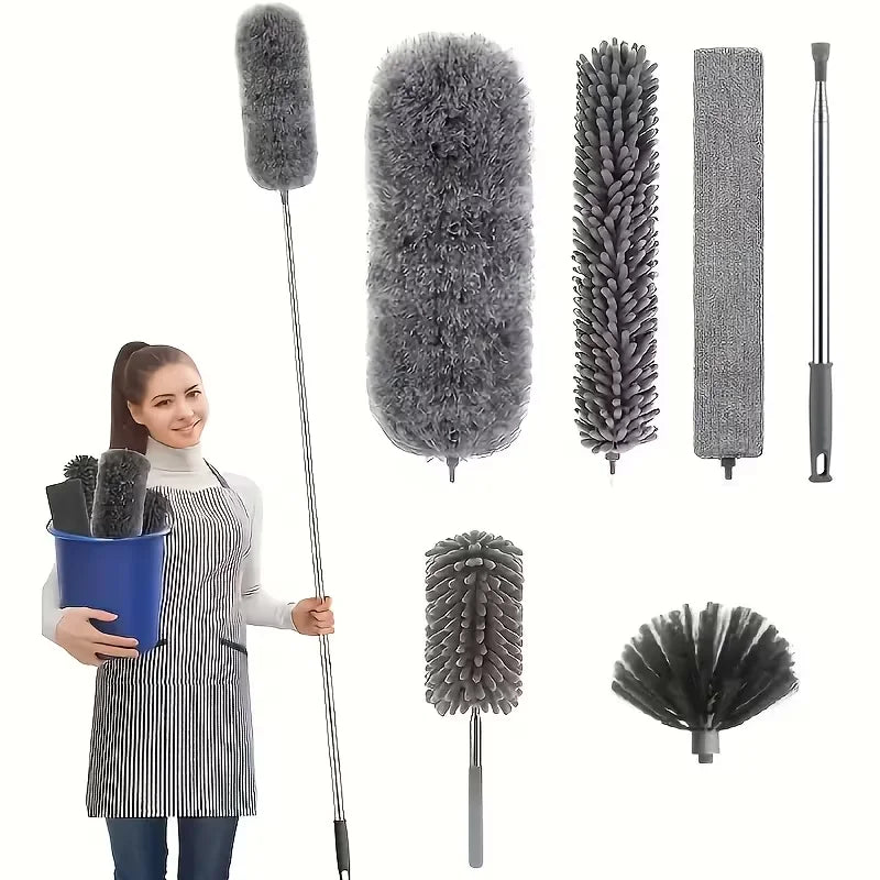 A collection of gray extendable microfiber dusters with telescopic poles and a handheld duster.