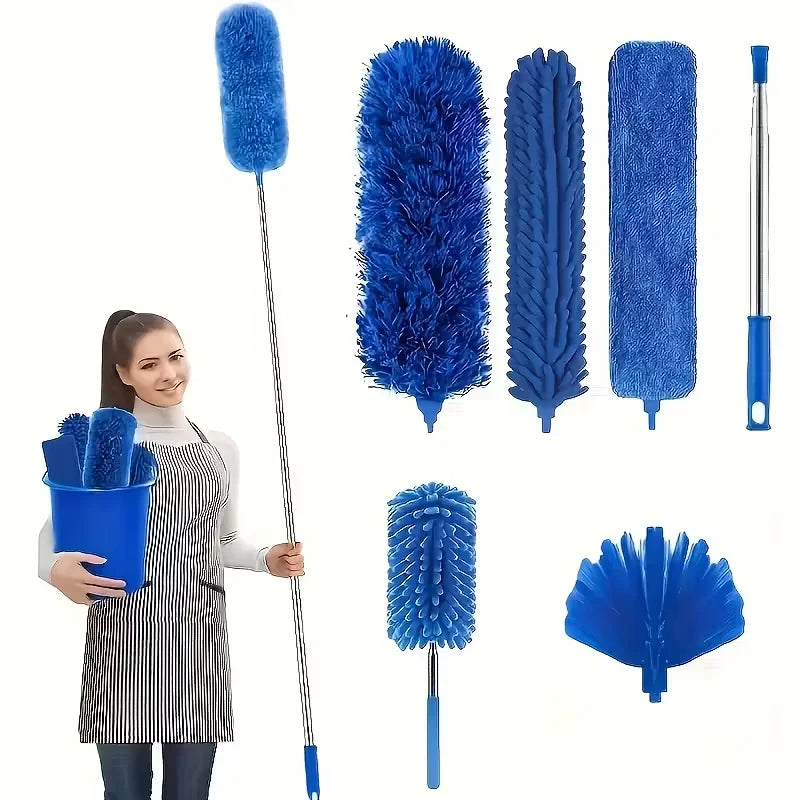 A collection of blue and purple extendable microfiber dusters with telescopic poles.
