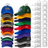 A multi-layer hat rack displaying various colored baseball caps hanging on a white plastic display stand.