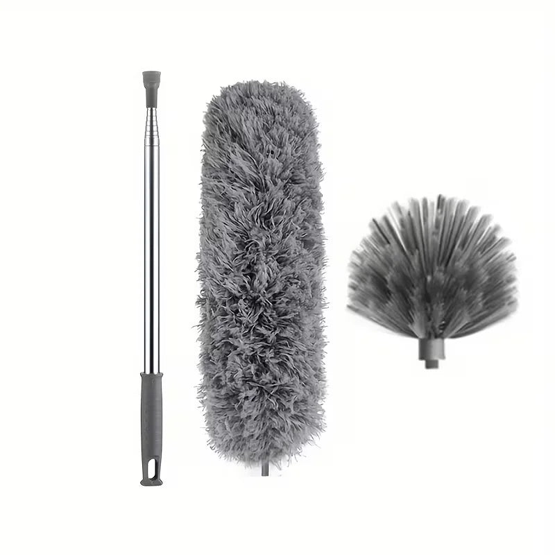 A long aluminum pole with a brush head, next to a fluffy gray cobweb duster.