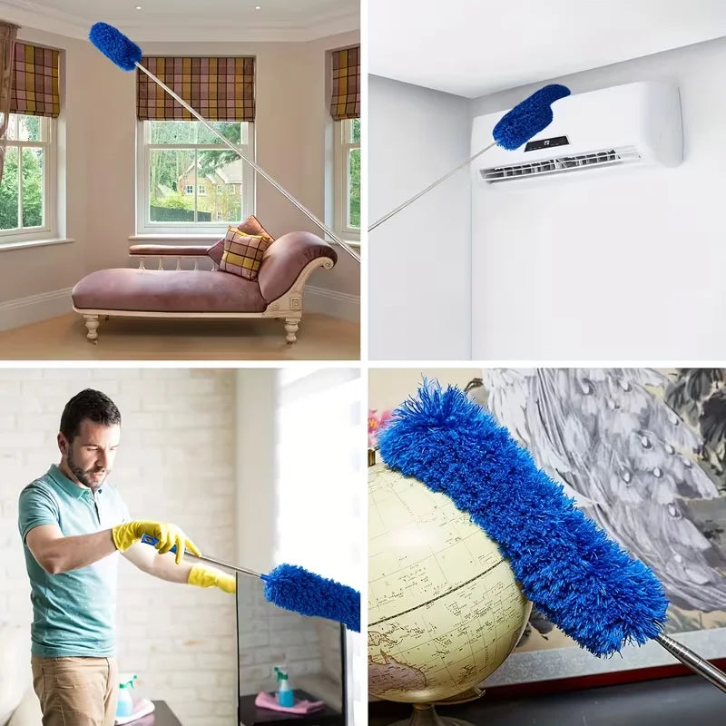 A blue extendable cobweb duster with an aluminum pole is shown cleaning a window and a white wall.