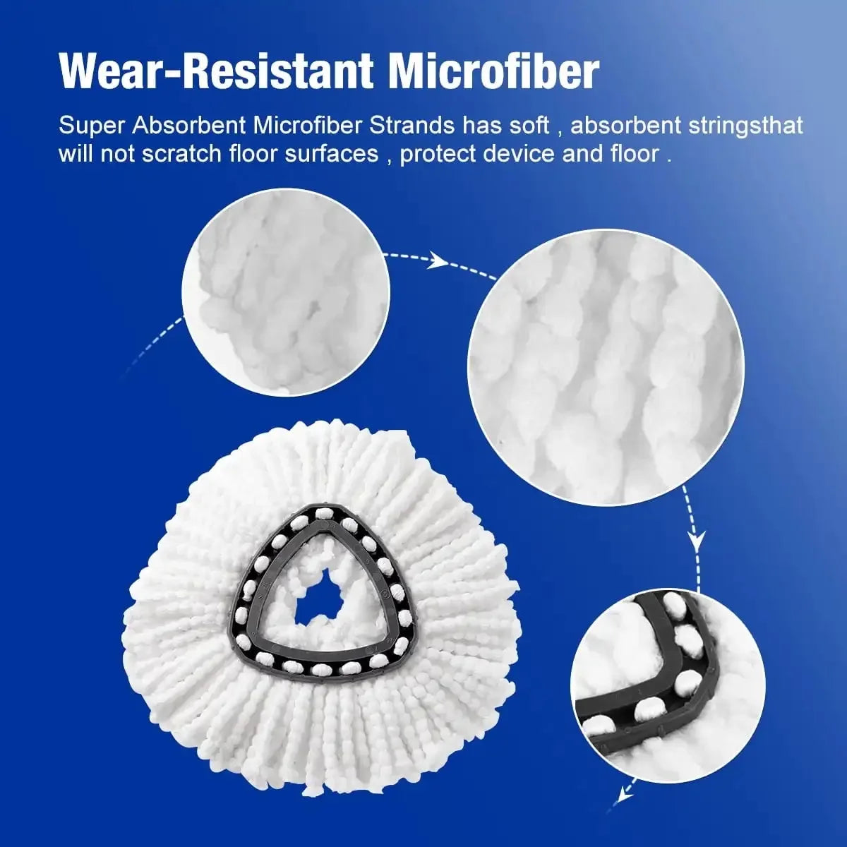 Close-up view of a white microfiber mop head with a black insert, showing the absorbent fibers.