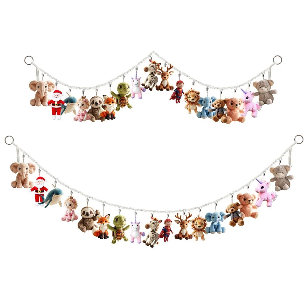 A bohemian cotton hanging storage chain featuring various plush animal toys and figures.
