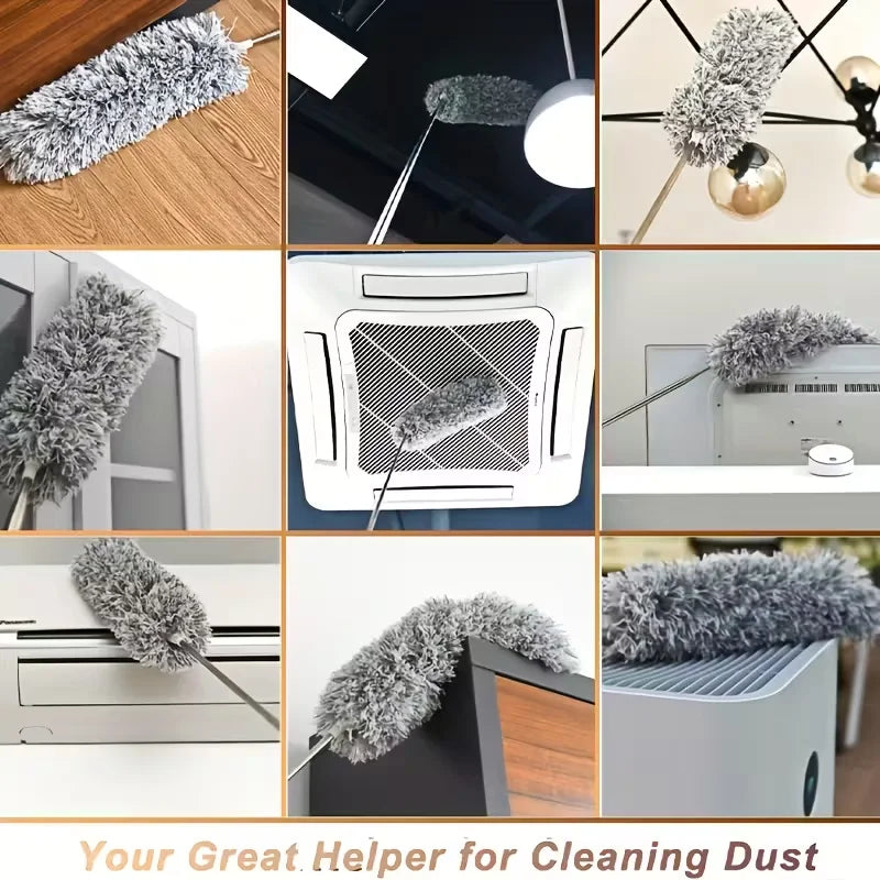 Various telescopic dusters and cleaning tools with fuzzy heads shown for high reach cleaning.