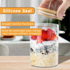 A hand is sealing an airtight glass jar with a silicone seal for freshness, used for overnight oat storage.