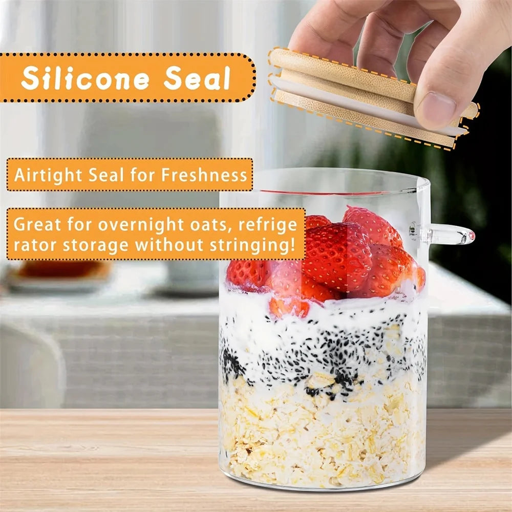 A hand is sealing an airtight glass jar with a silicone seal for freshness, used for overnight oat storage.