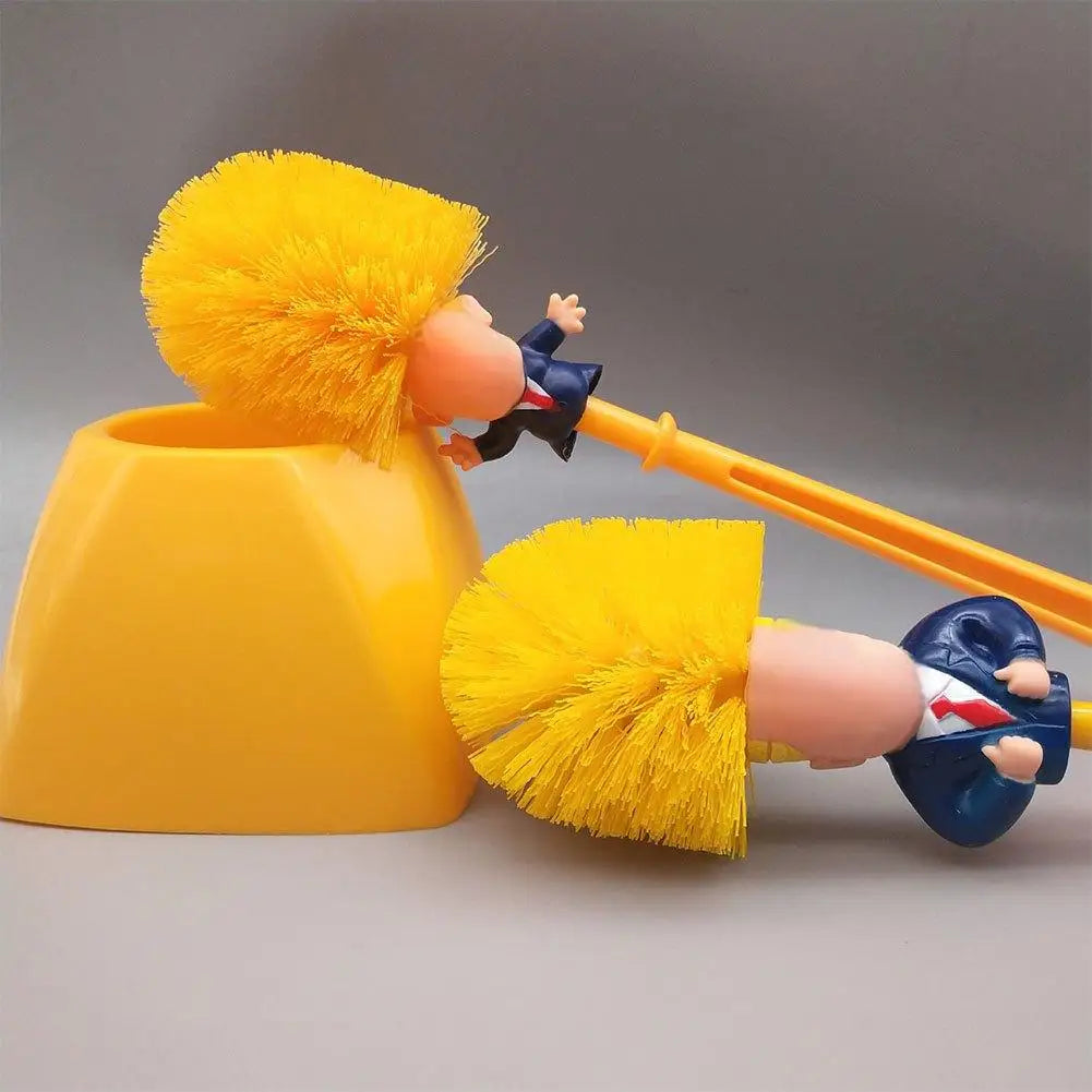 Ein lustiges Toilettenbürst- und Reinigungstier mit gelsem Kopf und hellem Haar und blauem Körper.
