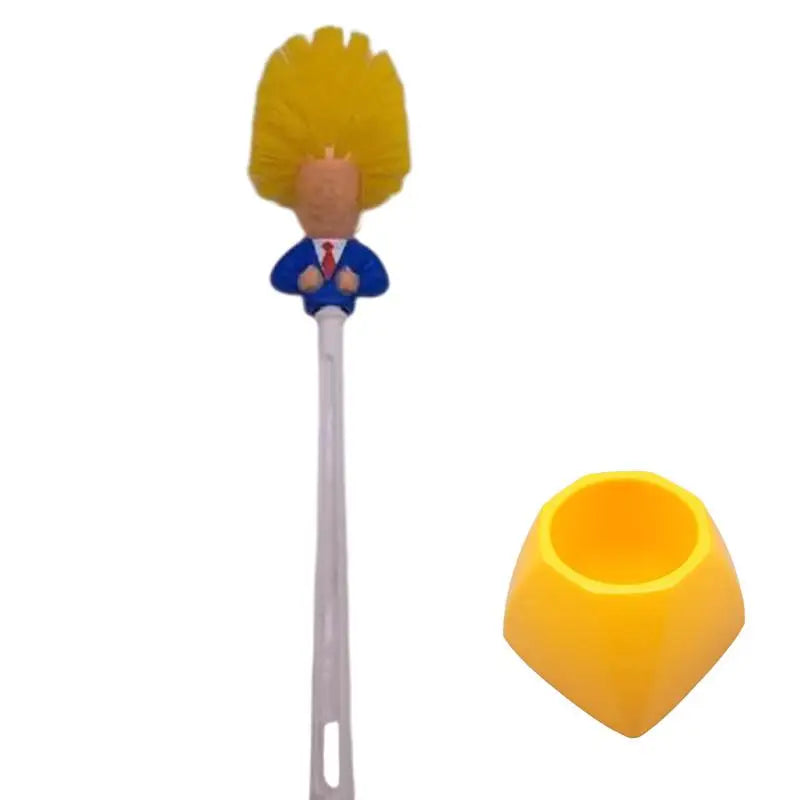 Eine Scherztoiletbbürste und -reiniger mit gelbem Bürstenkopf und weißem Griff.