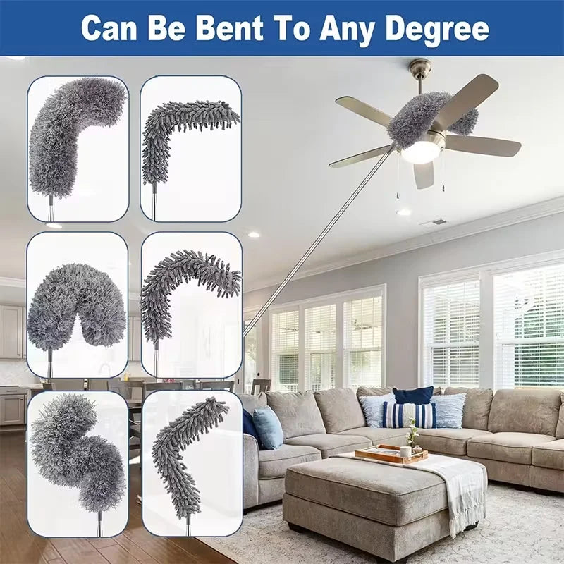 A fluffy gray microfiber duster on a telescopic pole shown in various bent and straight shapes.