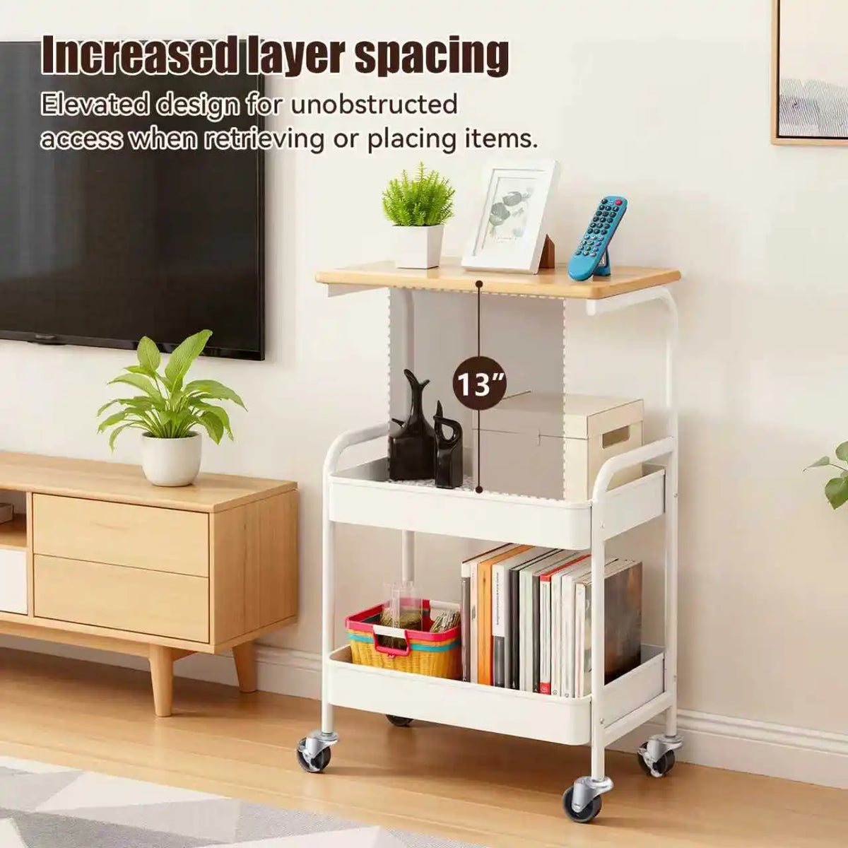 A white 3-tier rolling storage cart with a wooden top and lockable wheels, featuring increased layer spacing.