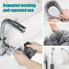 A close-up shows a silver extendable duster with a bendable handle being used for cleaning.