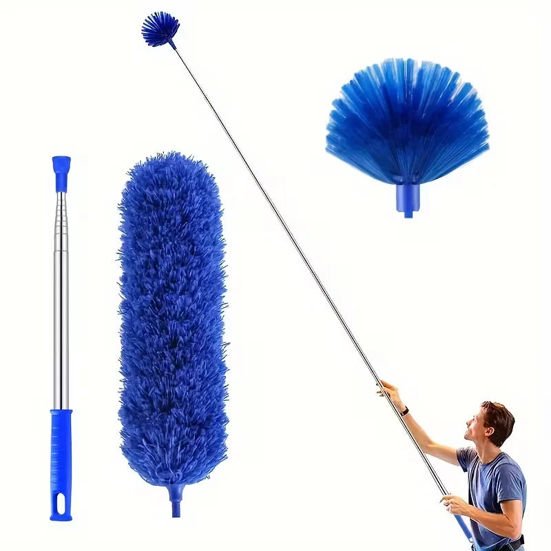 Extendable cobweb duster with an aluminum pole and blue feather dusters