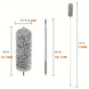 A telescopic extendable duster pole with a fluffy brush head shown next to its various length measurements.