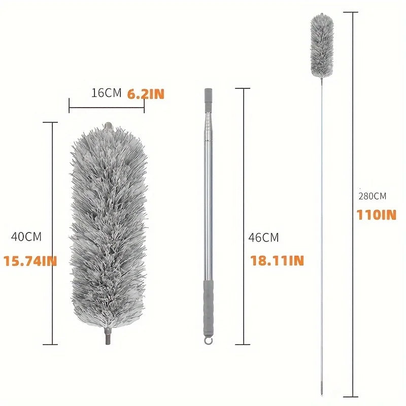 A telescopic extendable duster pole with a fluffy brush head shown next to its various length measurements.