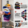 A multi-layer hat rack showing various colored baseball caps stacked and organized for storage.