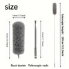 A gray telescopic duster with a fluffy head and long rod is shown next to its disassembled parts.
