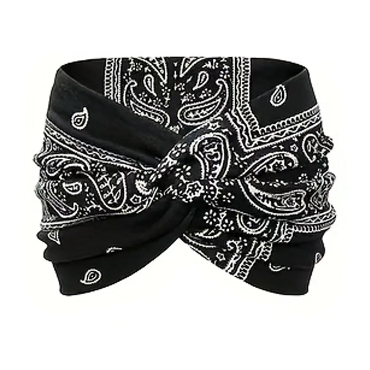 Black elastic knot yoga and fitness headband with white paisley pattern