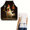 A black apron featuring a graphic of a cartoon rooster holding a fork and a bottle.
