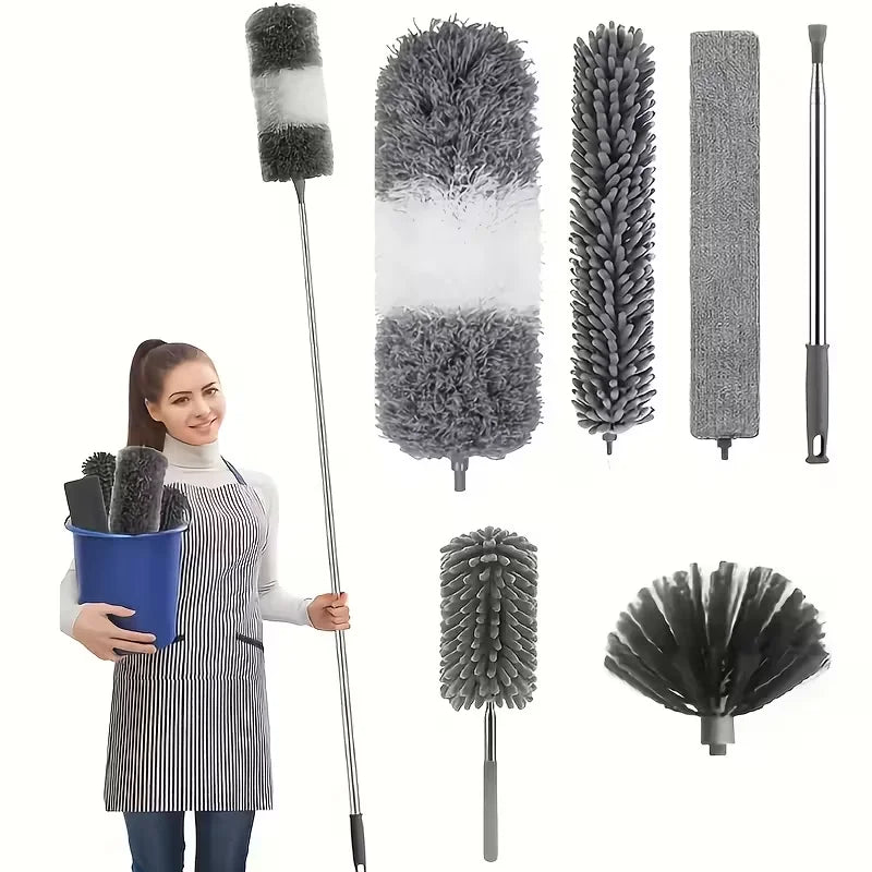 A collection of gray and white extendable microfiber dusters on a pole, including various brush heads.