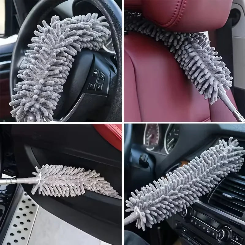 Close-up view of an extendable microfiber duster with a bendable handle being used on a car interior surface.