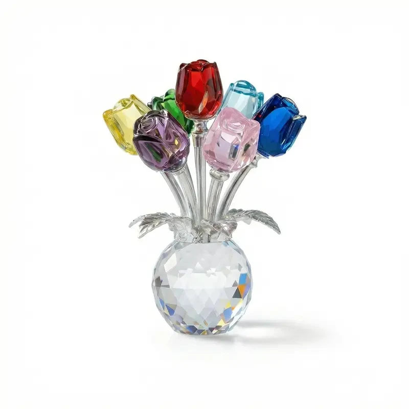 Crystal rose flower figurine with colorful glass petals arranged in a clear glass vase