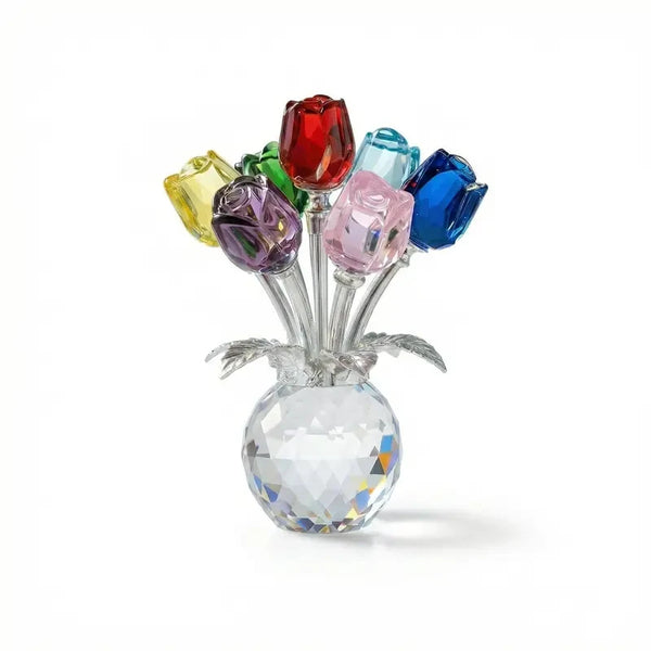 Crystal rose flower figurine with colorful glass petals arranged in a clear glass vase