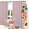 Pink curtains with bohemian cotton hanging storage chain featuring various stuffed animals
