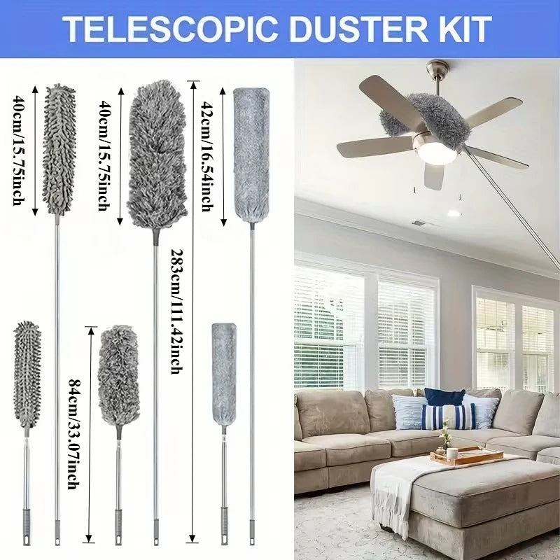 A set of telescopic duster kits featuring various lengths and textures for cleaning.