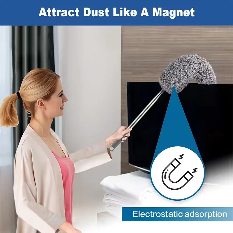 A woman is using an electrostatic adsorption duster with a telescopic pole to clean a television screen.