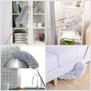 A silver telescopic extendable duster pole with a fluffy gray head is shown in various contexts.